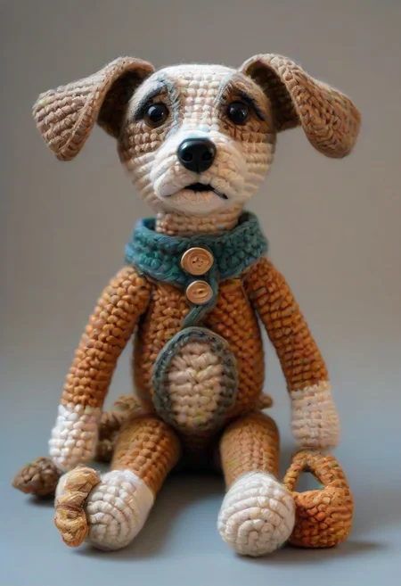 dog begging for a treat, by saint exupery, crocheted style