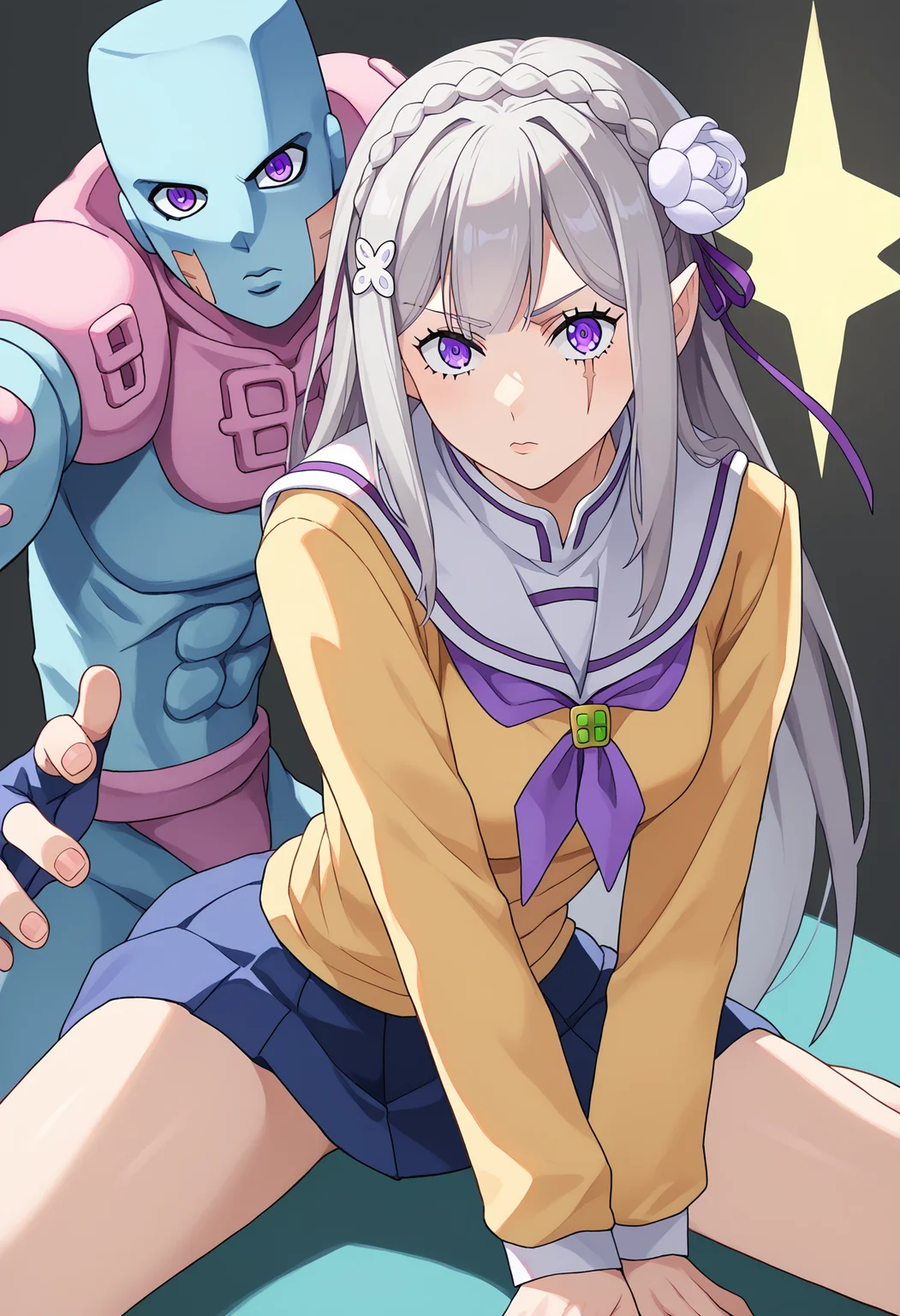 score_9, score_8_up, score_7_up, source_anime,
BREAK
<lora:shiEmiliaV2:0.8> shimilia, long hair, grey hair, purple eyes, pointy ears, crown braid, hair flower, hair ribbon, purple ribbon, x hair ornament, eyes visible through hair, 
sitting, looking at viewer, jojo pose,  arm up, bent over, 
school uniform, scar, 
BREAK
<lora:shiJojoStandV2:1.1>, shijojostand, stand \(jojo\), 1other,