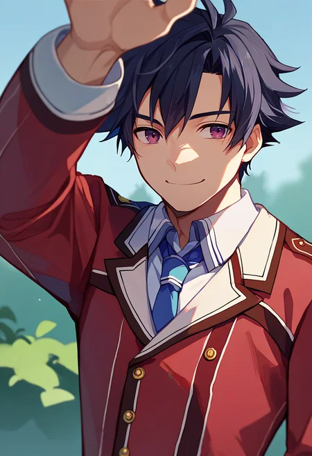 score_9, score_8_up, score_7_up, source_anime, solo, male focus, 1boy, sen1rean, smile, looking at viewer, incoming headpat, arm up, black hair, school uniform, red blazer, necktie, outdoors <lora:concept_incomingheadpat_ponyXL:1> <lora:rean-pdxl-nvwls-v1:0.9>