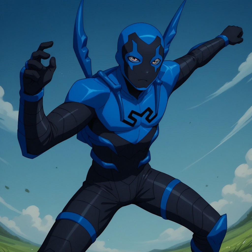 score_9, score_8_up, score_7_up, highly detailed, cute boy, 1boy, solo, Blue beetle, blue and black costume, mask, attack stance,