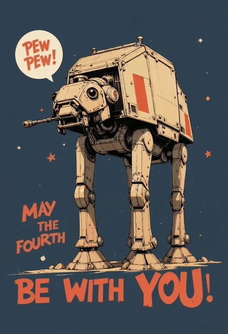 a stylized graphic design featuring a beige illustration of a fictional four-legged mechanical walker, resembling an AT-AT from a popular sci-fi franchise, set against a dark blue background. The walker is depicted in a side view, with detailed mechanical joints and panels. Above the walker, a speech bubble contains the text 'PEW PEW!' in a bold, uppercase font. Below the walker, the phrase 'MAY THE FOURTH BE WITH YOU' is prominently displayed in large, bold, uppercase letters, with 'DAY' being the largest and most emphasized word. The overall design has a playful and humorous tone, combining elements of pop culture with a casual, conversational style.