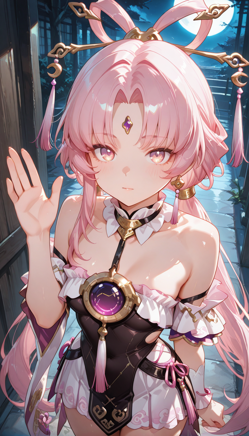 <lora:LCMTurboMix_Euler_A_fix:1> <lora:example_SDXL:0.3>, <lora:Dramatic Lighting Slider:3>
DSLR,realistic,cosplay photo, (very awa,masterpiece,best quality,year 2024,newest,absurdres,highres:1), realistic,skin texture,facial features, photography shot with Canon EOS 5D Mark IV , realistic, RAW, best quality, masterpiece, amazing quality, skin details,
1girl, highly detailed beautiful face, large natural breasts,
detailed background, shiny skin, dutch angle, night, moonlight,
beautiful detailed eyes, intricate details, absurdres, anime screencap,
 <lora:FuXuan_HonkaiStarRail_ILXL_kill0825:1>
HFuXuan, jewelry, bare shoulders, very long hair, twintails, pink hair, earrings, small breasts, pink eyes, parted bangs, low twintails, pink nails, hair rings, hair stick, forehead jewel, tassel earrings, bow-shaped hair, tassel hair ornament, two-tone eyes,
standing, cowboy shot, waving, from above,