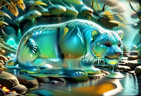 animal_guardian, tiger, a white tiger with black stripes, Tiger made out of slime, slime tiger in a jungle, jungle made out of slime,
natural light, no bright spots,
((translucent slime)), ((transparent slime)), made of water, (bioluminescent slime), sl1m3, slime, slime-morph, ais-blmn, saturated colors, no creatures, no humans, no monsters, no pokemon, scenery only, scenery, ral-lava, watce
