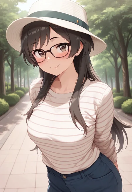 masterpiece,best quality,amazing quality, matsumoto kouko, long hair, black hair, grayish-brown eyes, 1girl, glasses, smile, striped, solo, striped shirt, hat, looking at viewer, shirt, blush, striped sweater, outdoors
