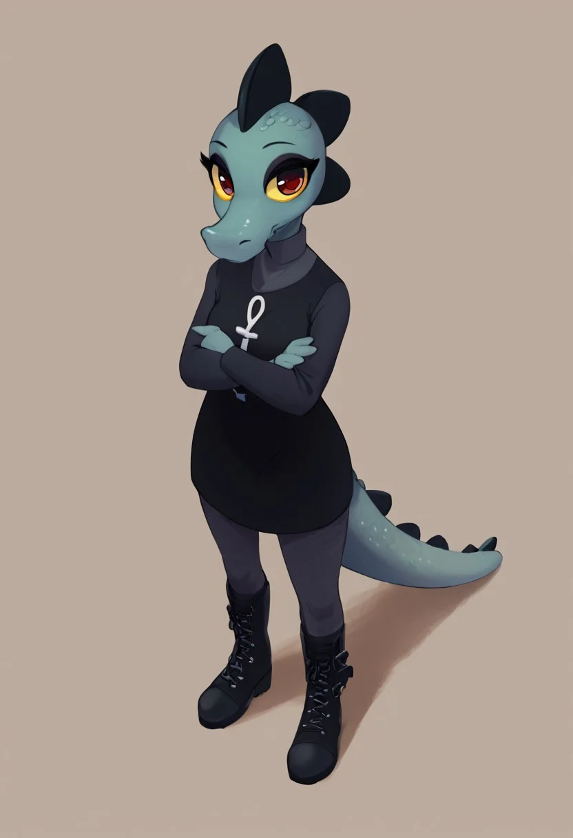 score_9, score_8_up, score_7_up, score_6_up, best quality, highly detailed, intricate details, extremely detailed, thick outlines, detailed face, detailed eyes, detailed fur, masterpiece,
anthro, female, solo, bea santello, scalie, teal skin, crocodile, yellow sclera, red pupils, black dress, long sleeves, ankh, black boots, standing, arms crossed, simple background,