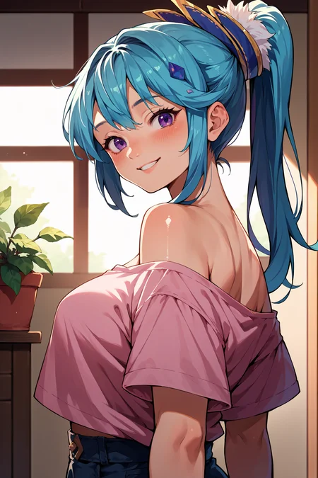 score_9, score_8_up, score_7_up, score_6_up, source_anime, 1girl, solo, <lora:hyrulelana-pdxl-nvwls-v1-000005:1> hyLna, cyan hair, high ponytail, hair ornament, purple eyes, pink t-shirt, off-shoulder shirt, shiny skin, from side, looking at you, blush, indoors, smile