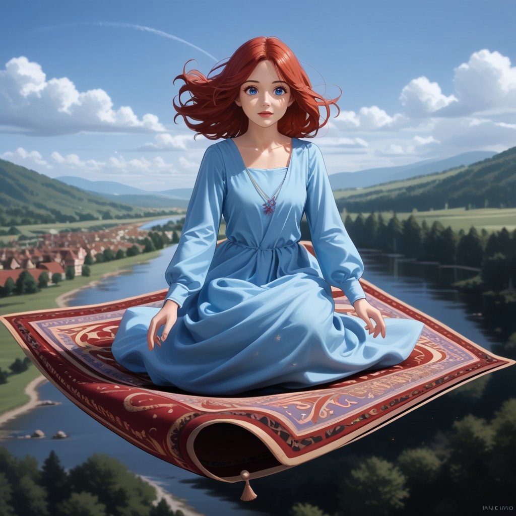 1 girl, red hair, blue eyes, blue long dress, long sleeves,magic carpet, sitting on magic carpet, flying high over the river
