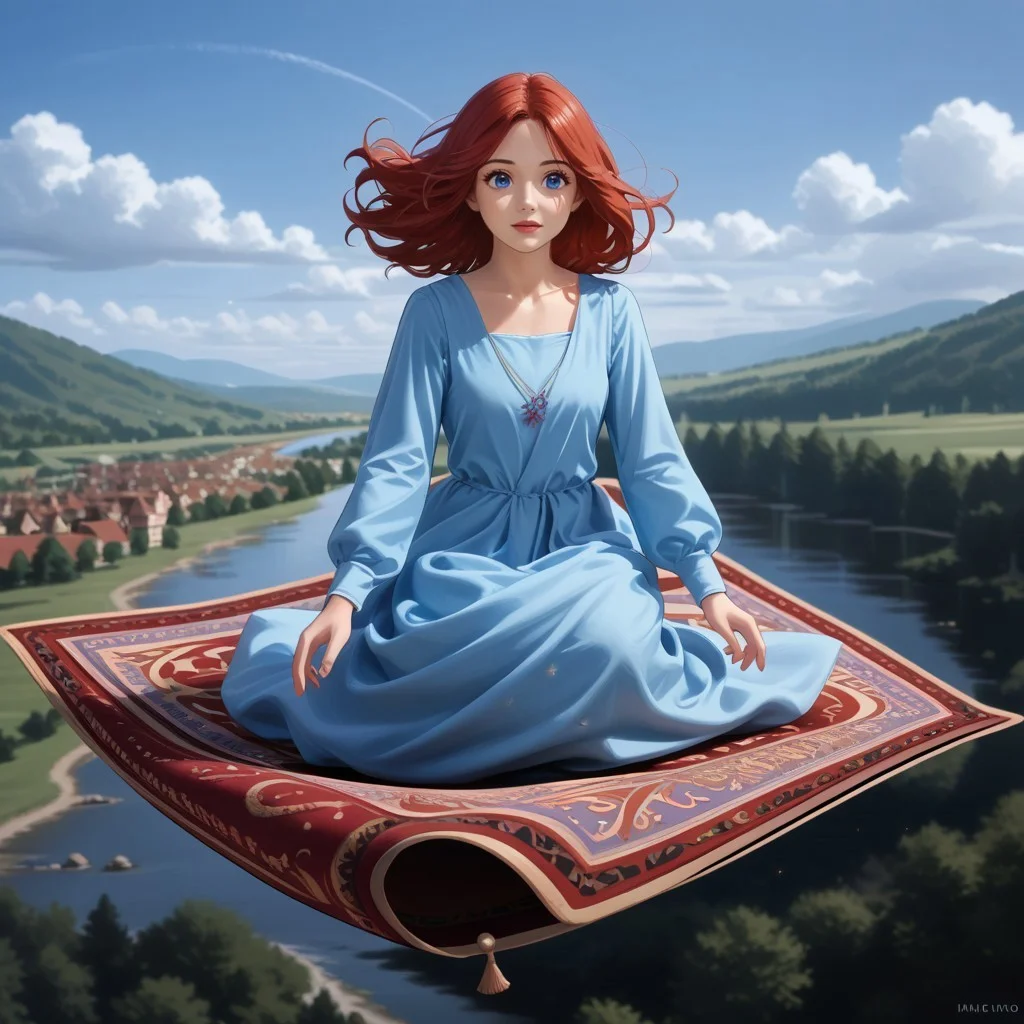 1 girl, red hair, blue eyes, blue long dress, long sleeves,magic carpet, sitting on magic carpet, flying high over the river