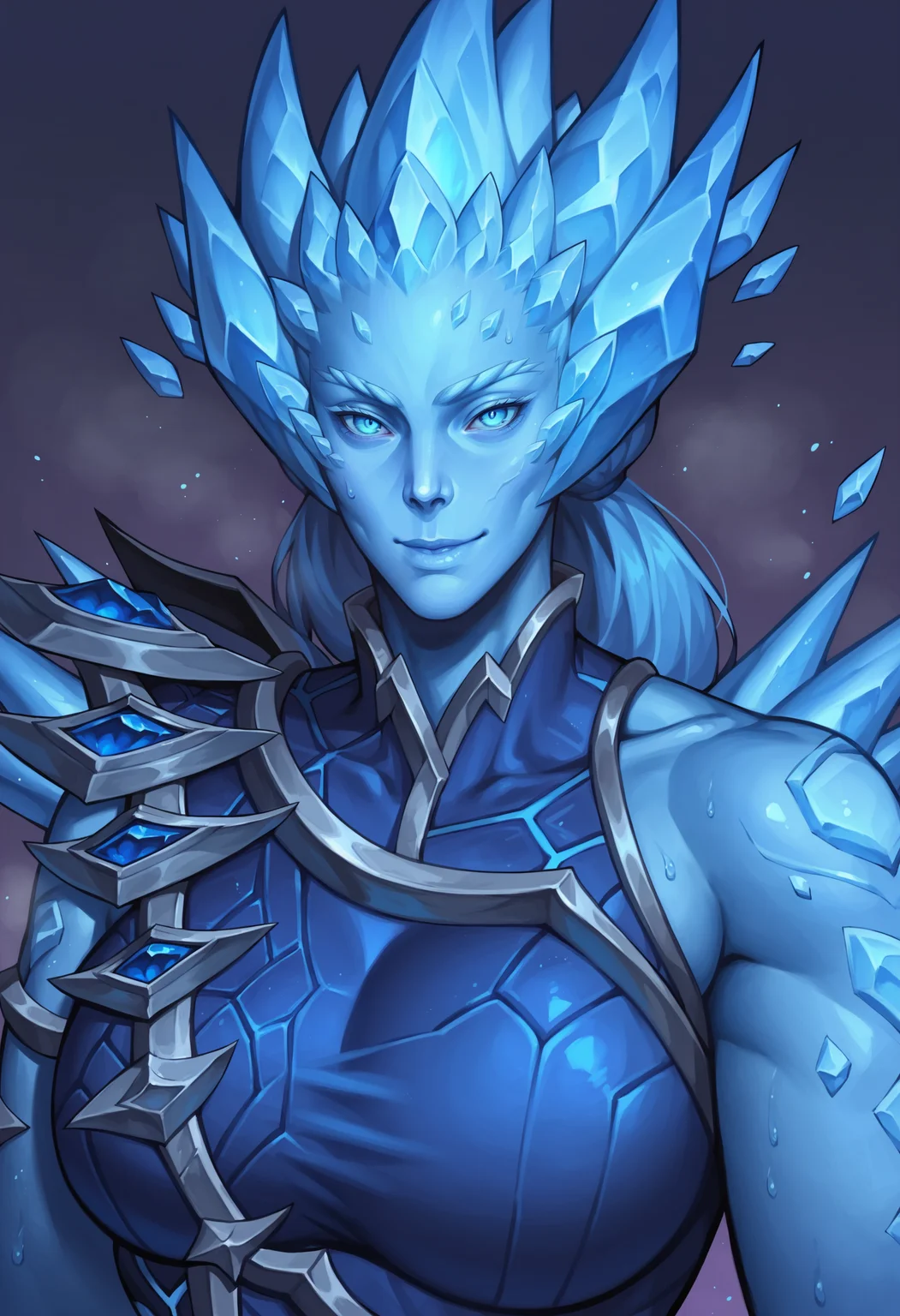 score_9, score_8_up, score_8, source_anime, 1girl, <lora:Vyranoth:0.9> , ice, blue skin, blue eyes, blue hair, big breasts, looking at viewer, smile, upper body, from front, cold air, portrait,
simple background, violet background,