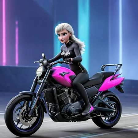 <lora:Wrise_Elsa2:0.7>
very confident, (riding a motorcycle), ((cyberpunk)), ((neon)), detailed