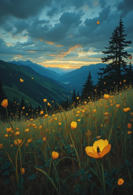 comic art by Mike Allred,
style of Ted Nasmith,
A Highlands meadow at dusk, where fireflies begin their nightly dance. The field is transformed into a magical landscape, twinkling with yellow lights, as the creatures flit about, drawing patterns in the twilight.,
in the style of the decaying empire of Würstreich, dark magic and grotesque creatures abound, inspired by Sean Aaberg's punk aesthetic, dark fantasy world combines grim landscapes with vibrant, exaggerated colorful art, heroes skirmish monstrous foes in a setting where rebellion, decay, and mysticism intertwine, crafting a unique, immersive vibe
Caravaggio meets D&D charm
, masterpiece,
art by torikun, SentinelBot, OBxiaoxiang