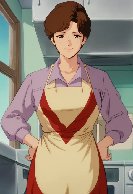 score_9, score_8_up, score_7_up, score_6_up, anime screencap, anime coloring, <lora:G0080_epoch_10:0.9>, G0080M, 1girl, solo, brown hair, short hair, brown eyes,
long sleeves, purple shirt, red skirt, yellow apron,
cowboy shot, looking at viewer, smile, closed mouth, hands on own hip, 
BREAK indoors, window, blue sky, sky, sunbeam, kitchen,