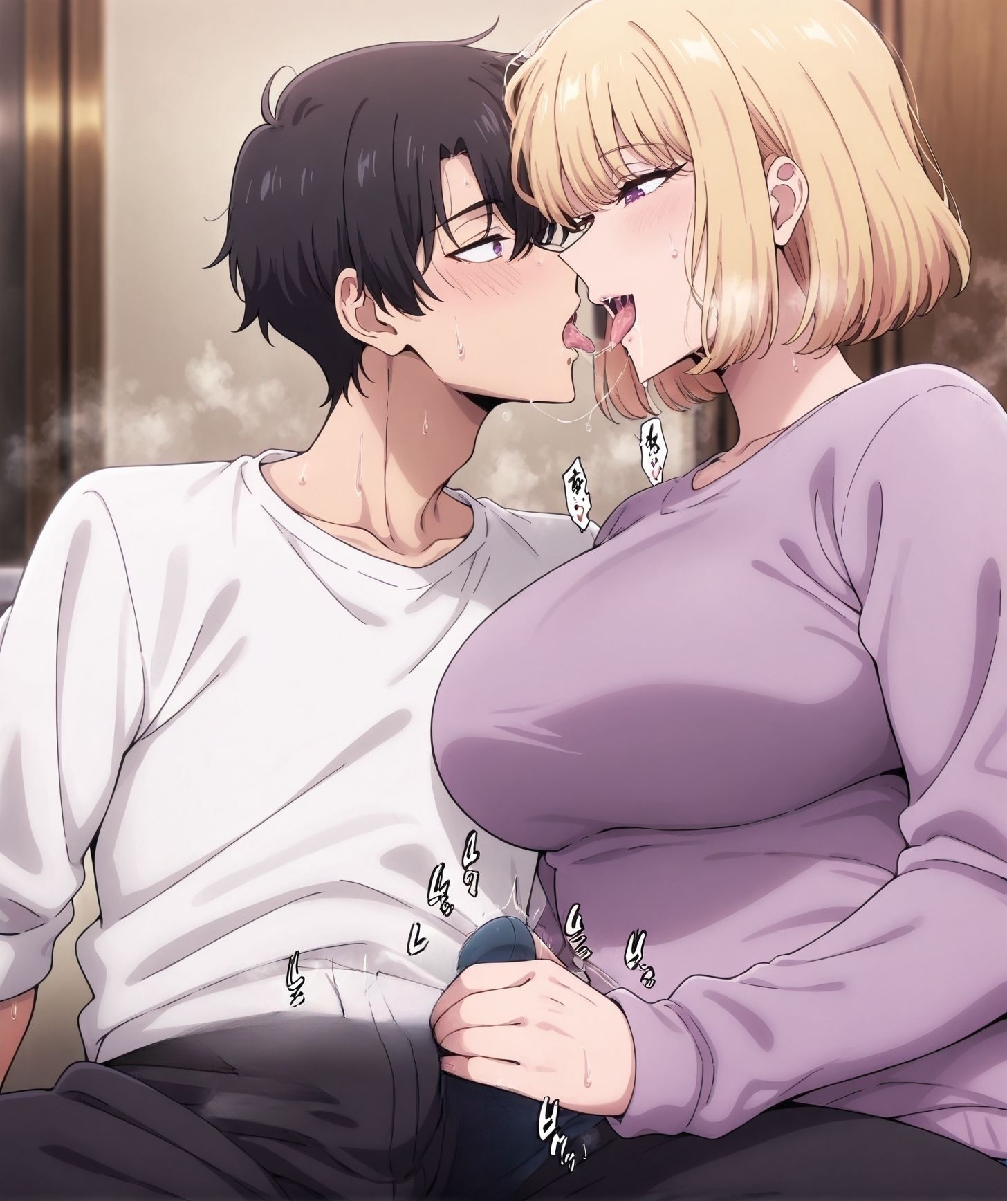 masterpiece,best quality,newest,absurdres,highres,detailed eyes,beautiful,detailed background,perfect eyes,anime coloring,anime screencap,
<lora:milf:0.8> milf_V1,
1girl,1boy,mature female,
age different,young male,
hetero,breasts,kiss,bulge,sweatdrop, sweat, 
sweater,erection, handjob, tongue, sound effects, 
assertive female,saliva, saliva trail,  steaming body, 
1girl, cha hae-in, blonde hair, short hair, purple eyes, large breasts, HunUni, <lora:cha_hae_in-10:0.8>
BREAK
short hair male, black hair male,