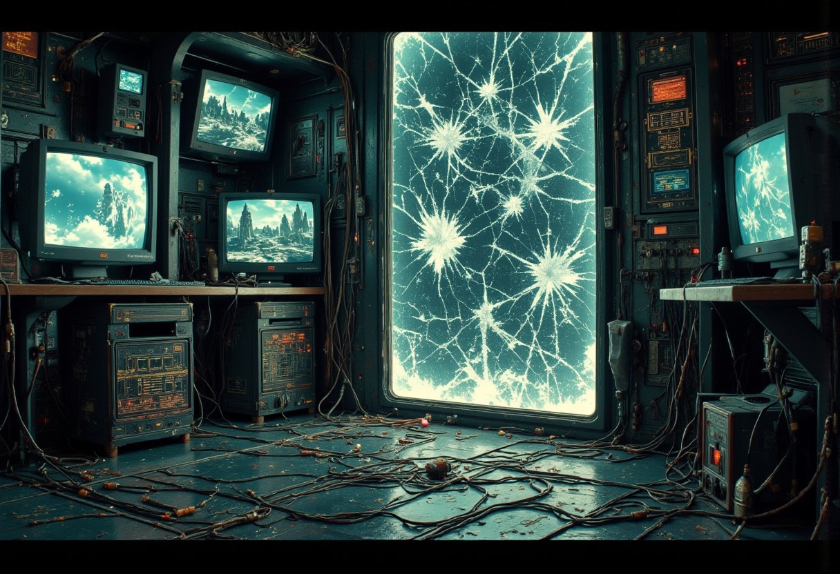 A dimly lit SCP containment chamber, its cold metal walls enclosing a cracked mirror in a black frame. The fractures pulse subtly, shifting in unnatural patterns, as if alive. Monitors, measurement devices, and system units flicker with glitching data, linked by tangled thick cables sprawled across the metallic floor. Some screens display distorted landscapes and cryptic symbols, others spike erratically, detecting something unknown.
The mirror’s surface is deep and infinite, reflecting glimpses of fractured realities—shadowy figures moving in voids, warped structures, impossible geometry. Occasionally, glitch-like distortions ripple through the air, momentarily warping reflections into incomprehensible visions. Some unknown presence lurks beyond the glass, watching but never fully seen.
A dim, unnatural glow pulses as monitors flicker with redacted SCP logs and indecipherable code. The deeper one stares into the mirror, the more realities twist and converge, forming a labyrinth of alternate existences. Faint, unintelligible whispers echo, repeating fragments of lost messages from beyond.
A VHS-horror, glitch-art, and SCP Foundation aesthetic, with grainy textures, chromatic aberrations, and digital artifacts, as if captured from classified SCP surveillance footage,(ne0nfant4sy, In the style of ff-td,80s vintage pulp sci-fi magazine cover,USCIFI)