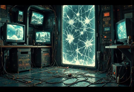 A dimly lit SCP containment chamber, its cold metal walls enclosing a cracked mirror in a black frame. The fractures pulse subtly, shifting in unnatural patterns, as if alive. Monitors, measurement devices, and system units flicker with glitching data, linked by tangled thick cables sprawled across the metallic floor. Some screens display distorted landscapes and cryptic symbols, others spike erratically, detecting something unknown.
The mirror’s surface is deep and infinite, reflecting glimpses of fractured realities—shadowy figures moving in voids, warped structures, impossible geometry. Occasionally, glitch-like distortions ripple through the air, momentarily warping reflections into incomprehensible visions. Some unknown presence lurks beyond the glass, watching but never fully seen.
A dim, unnatural glow pulses as monitors flicker with redacted SCP logs and indecipherable code. The deeper one stares into the mirror, the more realities twist and converge, forming a labyrinth of alternate existences. Faint, unintelligible whispers echo, repeating fragments of lost messages from beyond.
A VHS-horror, glitch-art, and SCP Foundation aesthetic, with grainy textures, chromatic aberrations, and digital artifacts, as if captured from classified SCP surveillance footage,(ne0nfant4sy, In the style of ff-td,80s vintage pulp sci-fi magazine cover,USCIFI)