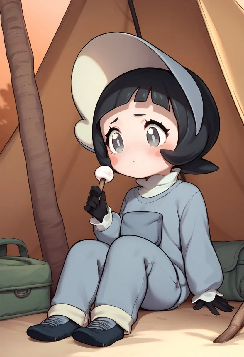 score_9, score_8_up, score_7_up, score_6_up, score_5_up, , (petite figure:1.2),source_anime, ( flat chest), , shortstack, , short legs, short arms, , short female, blushing,
BREAK,, camping, a camp fire burns in front of tents, Autumn background, sweater, sitting in a chair, bonfire, roasting marshmallows,, holding a marshmallow on a stick,Long trousers
, ctianpoppy, grey eyes, blush stickers, bonnet, black gloves,black hair