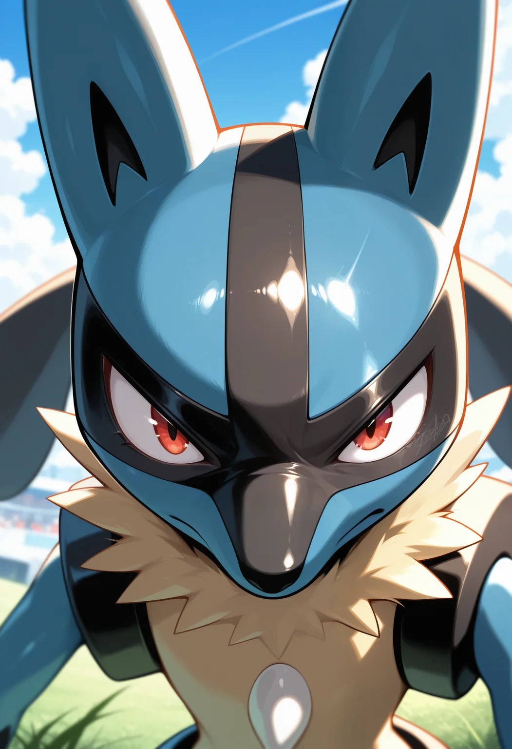 masterpiece,best quality,amazing quality, 1boy, solo, luc4r10, pokemon (creature), outside, close up, serious,
