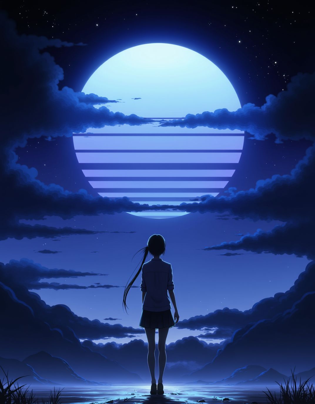 <lora:ck-Neon-Retrowave:1>, ck-nw, in the style of ck-nw, anime, a woman walking towards the viewer, at night, moon and cloudy sky in the background