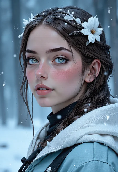 minimalistic portrait of a young Scandinavian woman white glacial blue smoked eye shadow, abstract white biomorphic pattern, winter landscape with glacial flowers, large snowflakes falling from the sky, vivid color, soft contrast, misty aether houte - couture rococo glacial clothing, atmospheric rim lighting, an intricate, elegant, highly detailed digital painting, (style of simon stalenhag, wayne barlowe, igor kieryluk. Lacombe, Patrice Murciano Frostpunk) perfection style, <lora:flux/flux_realism_lora>, <lora:flux/Herbst_Photo_35mm v2>, herbstphoto, <lora:flux/FluxMythP0rtr4itStyle>, mythp0rt,