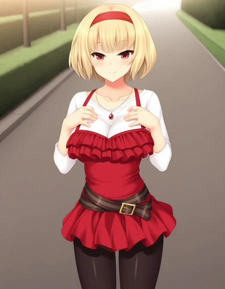 masterpiece, best quality, amazing quality, ultra detailed, <lora:add-detail-xl:1>, good anatomy, good hand, high saturation
BREAK <lora:Lucia Of End Nora to Oujo to Noraneko Heart (HARUKAZE):1> Lucia Of End, blond hair, short hair, red eyes, hairband,
BREAK outfit03, shirt, white shirt, three-quarter sleeves shirt, crew neck shirt, dress, red dress, frilled dress, short dress, belt, brown belt, belt wrapped around 2 laps, capri pants, black capri pants, necklace, jewelry necklace, red hairband,
BREAK 1girl, cowboy shot, standing, smile, hands on breasts, in park