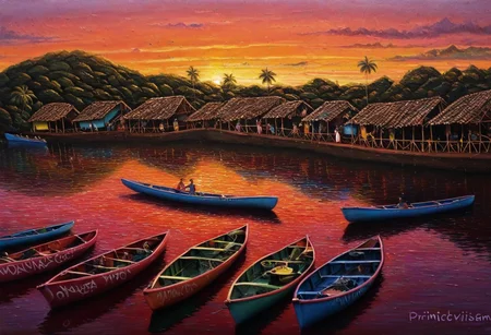 fishing village on a river, sunset, many canoes in the water, Nicaragua Primitivism