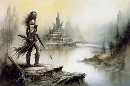 wide angle view of a ruined city in the forest, a lone warrior standing near a river <lora:Fantasy_art_XL_V1:0.75> stunning fantasy art by luis royo