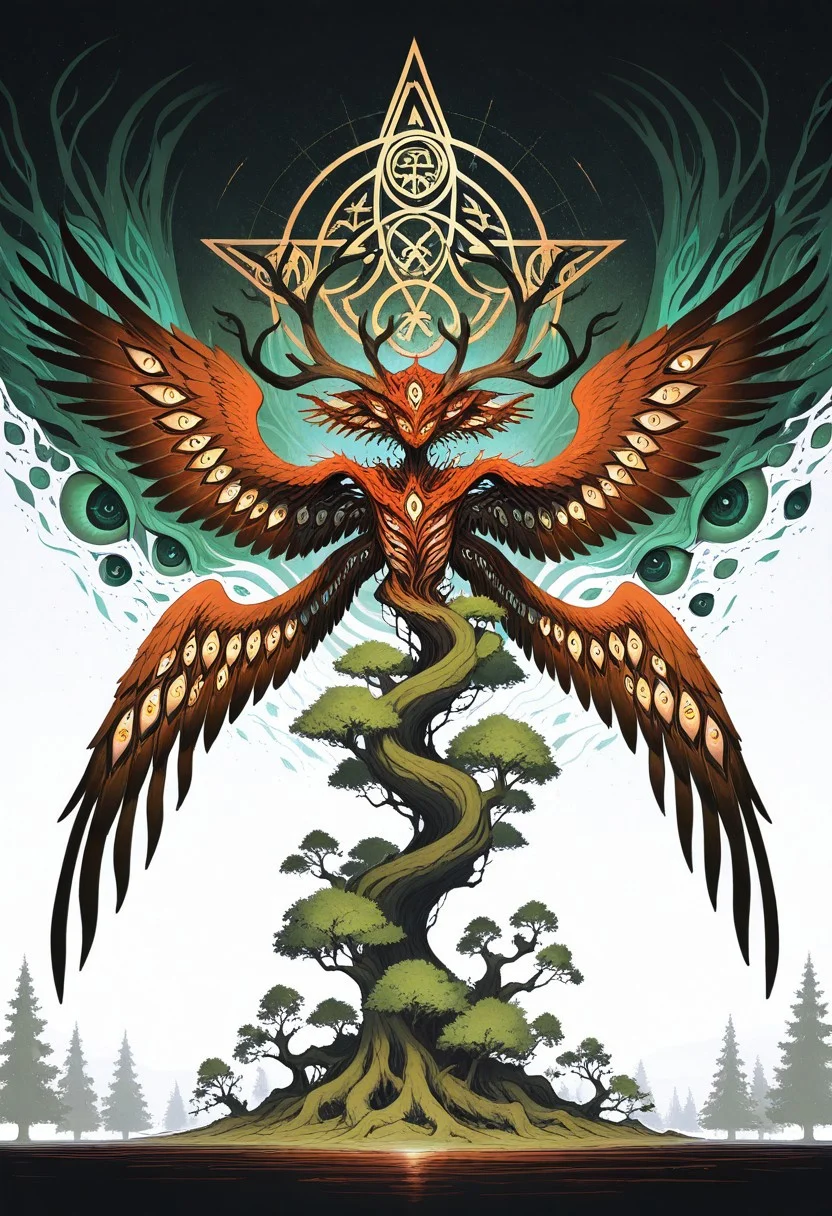 twisting , dissolving , abstract , abomination ,absurd , extreme theme ,extreme theme ,extra eyes, too many eyes, light source , illuminating , wings of eye , extra wings , Celtic symbol , green and lush , (triquetra symbol ,trinity :1.3) , tree antler ,
masterpiece, best quality ,amazing quality , concept , abstract ,