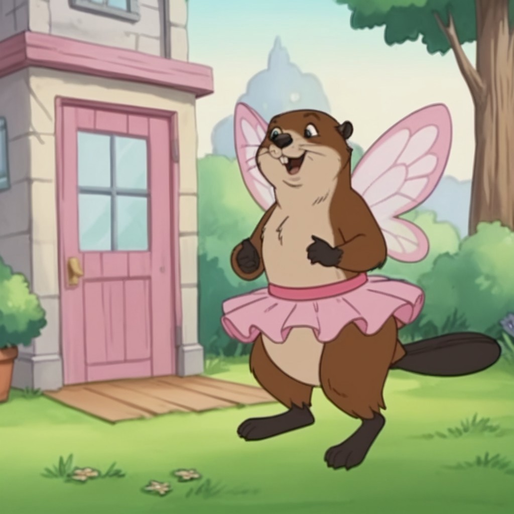 score_9, score_8_up, score_7_up, score_6_up, score_5_up, score_4_up, source_furry, beaverfrnkln, semi-anthro, female, beaver, brown fur, buck teeth, outside, standing, fairy wings, pink tutu,