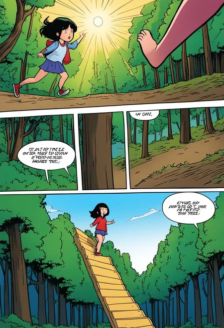 Funny comic , a girl stepping into the forest, black hair, trees,comic strip, SimplepositiveXLv1,dramatic angle, epic composition, . graphic illustration, comic art, graphic novel art, vibrant, highly detailed. amazed of all the animals in the forrest