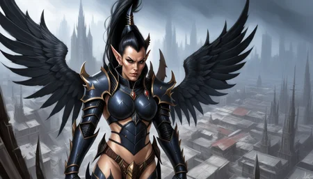 (digital painting), female Dark Eldar Scourge, small breasts, large wings, skimpy armor, [belt], looking at viewer, [serious|menacing] expression, black hair, pointed ears, sharp teeth, ruined city background, dynamic pose, [action], painterly \(style\), brushstrokes, oil on canvas, [still life], expressive, warhammer 40k,
<lora:Drukhari-000006:1>