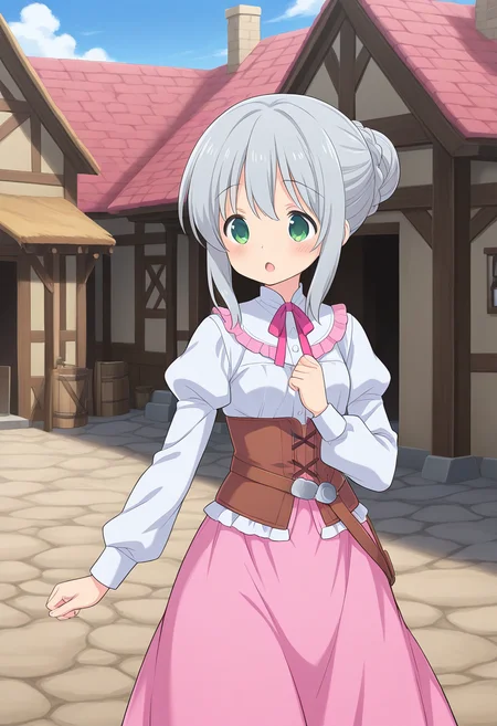 1girl, solo, lalaciellalanciel, grey hair, hair bun, green eyes, white shirt, long sleeves, juliet sleeves, brown corset, pink skirt, long skirt, medieval clothing, outdoors, village, open mouth, :o, walking, cowboy shot,
