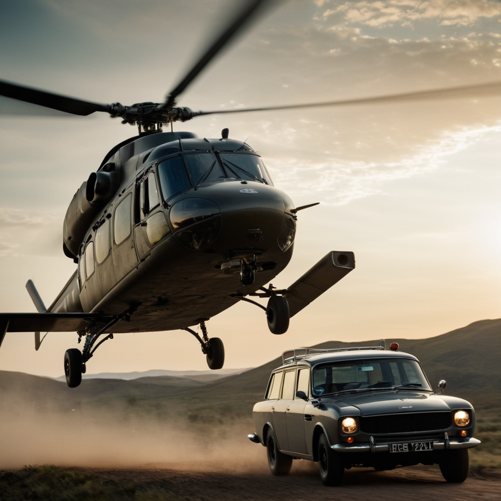 cinematic film still of  <lora:James Bond 007 style:0.9> detailed sharp image of
a helicopter is flying over a truck,outdoors,sky,military,no humans,science fiction,realistic,aircraft,military vehicle,airplane,vehicle focus , dramatic light, dramatic shadow light, contrast, cinematic color, cinematic look, filmic, realistic, realism, perfection, perfect, Kodak, Kodak film, movie still, spy film, action themed, espionage, James Bond style, James Bond film style, 007 style, 007 film style, shallow depth of field, vignette, highly detailed, high budget, bokeh, cinemascope, moody, epic, gorgeous, film grain, grainy