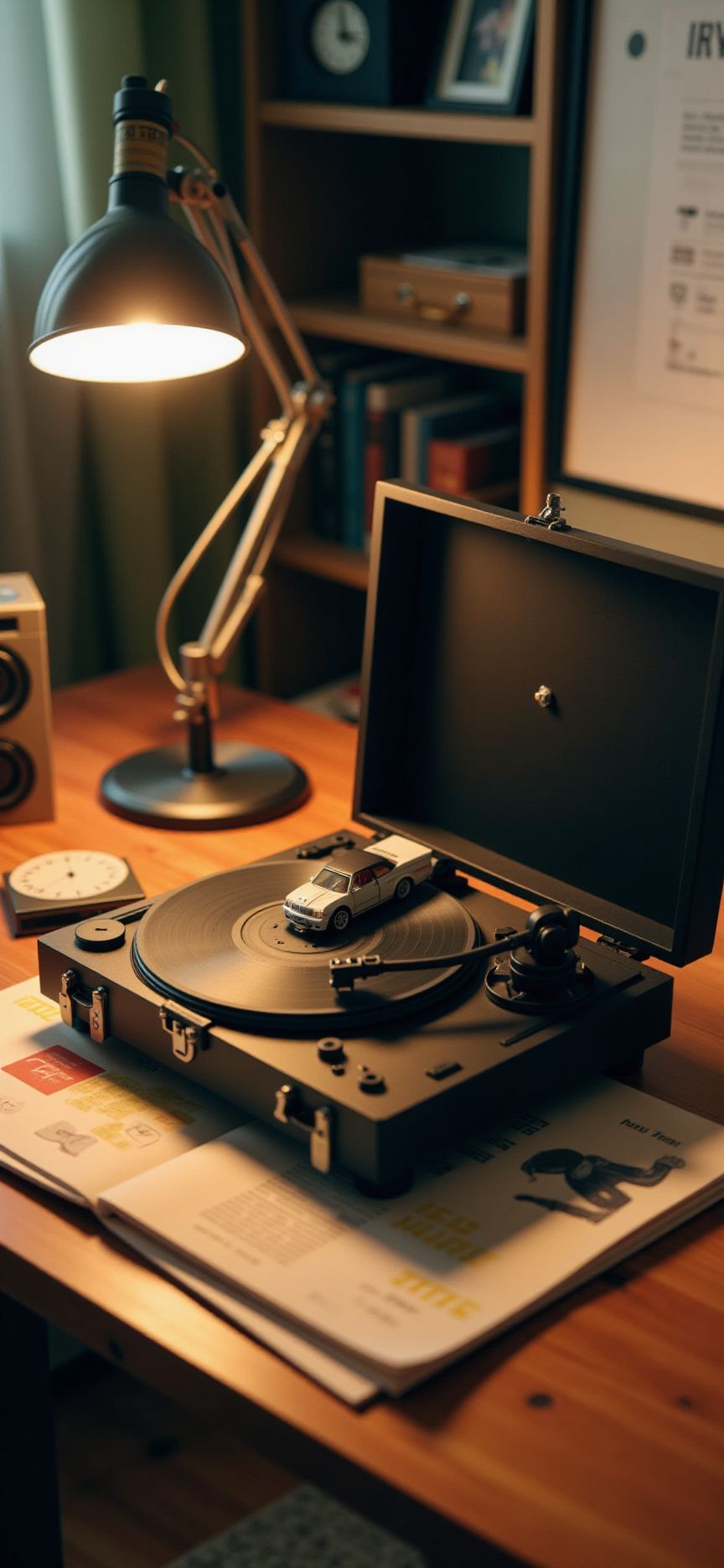 (indoors,indoor,isometric view,side view,tilt-shift lens:2), (in the style of ck-sfc,fna_style,fna_style,a scene from a pop-up,card letter:2), (briefcase style turntable :1.5),(opened turntable on vinyl record and  modem car on vinyl record :2) (on table at study:4) <lora:Fantasy_Novel_Art_Style:1><lora:ck-plastic-models:1> <lora:Pop-up_Book_Papercraft_Plotter_FLUX:1>