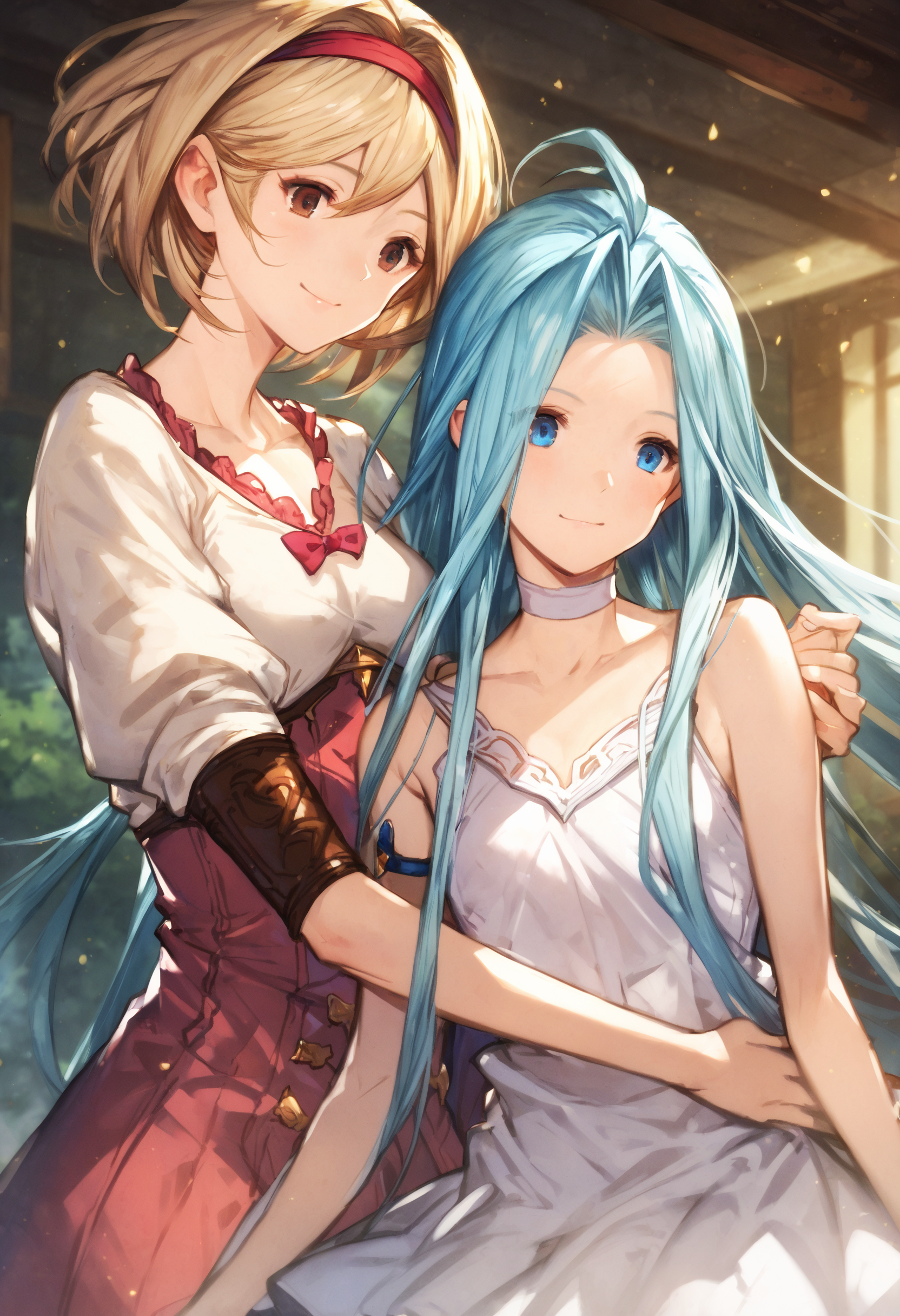 score_9, score_8_up, score_7_up,score_6_up, source_anime, best quality, aesthetic, absurdres, realistic,
2girls, yuri, happy, smile, (clear eyes:1.1),
lyria \(granblue fantasy\), very long hair, blue hair, blue eyes, (body_slim:1.1), small breasts, choker, white cami-dress, sleeveless,
djeeta \(granblue fantasy\), blonde hair, short hair, hairband, brown eyes,
<lora:JitaRuri-Pony:0.8> jitaruri,