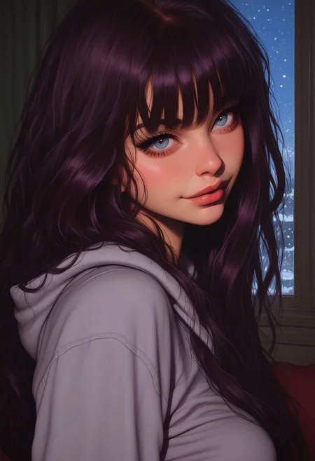 Score_9, Score_8_up, Score_7_up, (((High Resolution, Best Quality, Semi Realism))),
Cute girl, Dark colored onesie, Sexy natural breasts, Detailed iris with shine, Detailed eyes, Sexy hair cover her one eye, Smiling lovingly, Gentle sunlight on her face, Side view, Horny and erotic bedroom, detailed decorations in her bedroom, Christmas lights hung on the roof, Detailed fabric, Face focus, Breasts focus, Messy Dark colored hair, inside her bedroom, Fully decorated bedroom