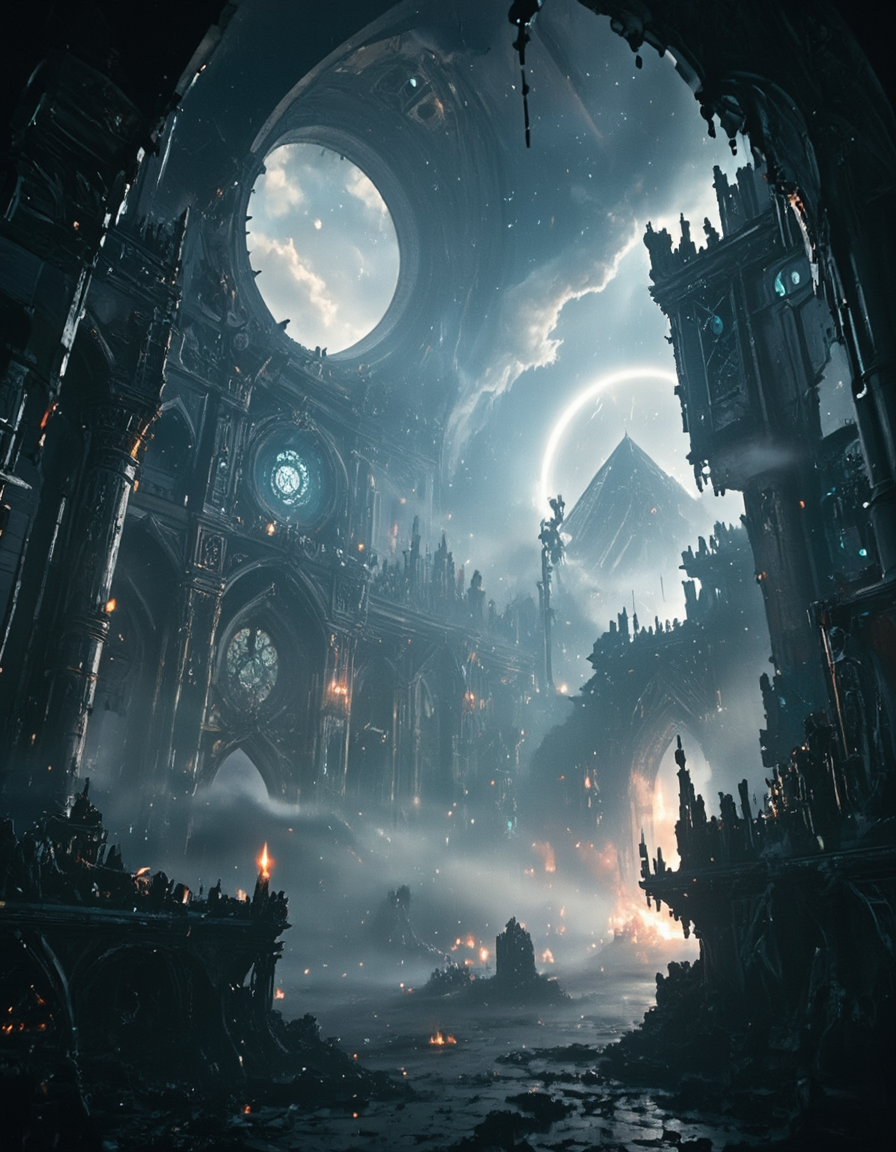 <lora:SW01v2-1flux:1>  sw01p, EFFD02, imagination, epic world, clouds, open jaw, breaking in, halos of light in the darkness of space, fire, EFFY01, epic scale chamber, medieval detailed architecture, detailed wall carvings, occult medieval ceremony, stained glass windows, bokeh, fantasy, T8 trees, green, blue, waves, ruins, T10, motion, spacecraft, cyberpunk city, mist, god rays, sunset, sea, mountain, the pyramids of egypt, ancient greek columns,
