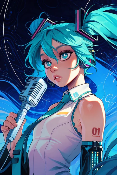 masterpiece, best quality, very aesthetic, (incase:0.4), detailed face, (dynamic:1), stylized, illustration, <lora:Rapscallion_Illustrious:0.3>rapscallionstyle <lora:GTA6 Key Art Style NoobA:0.8>gta6style, <lora:Eop:1>,
1girl, hatsune miku, white pupils, power elements, microphone, vibrant blue color palette, abstract,abstract background, dreamlike atmosphere, delicate linework, wind-swept hair, energy