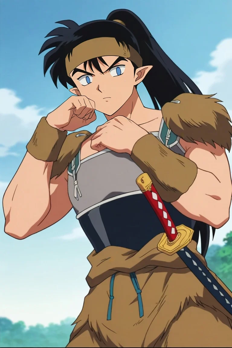 score_9, score_8_up, score_7_up, source_anime, rating_safe, intricate details, , looking at viewer, depth of field, 1boy, solo, male focus, <lora:kouga_inuyasha_pony:0.8>, kouga_inuyasha, black hair, blue eyes, long hair, ponytail, pointy ears, headband, armor, sword, sheath, from below, field, day, sunny, breast rest, sad, ,, <lora:sdxl_lightning_8step_lora:1>