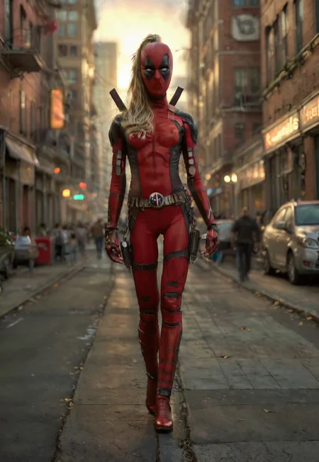 1girl, ((tall skinny model)), 25 years old,    LadyDeadpool, bodysuit, small A cup breasts, skinny toned body, blonde hair, long hair, best quality, ultra-HD, volumetric lighting, HDR, natural lighting, 
(((Walking forwards, thigh gap))), focus on girl, view from thighs to head, on a street in New York 