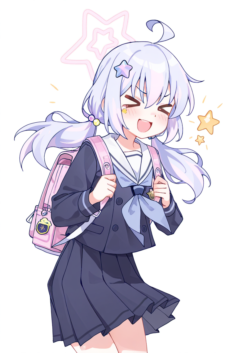 masterpiece, best quality, amazing quality,
 <lora:Lango_IL:1> lango, 1girl, solo, twintails, hair ornament, school uniform, skirt, low twintails, halo, neckerchief, star (symbol), > <, backpack, ahoge, smile, bag, pleated skirt, white sailor collar
