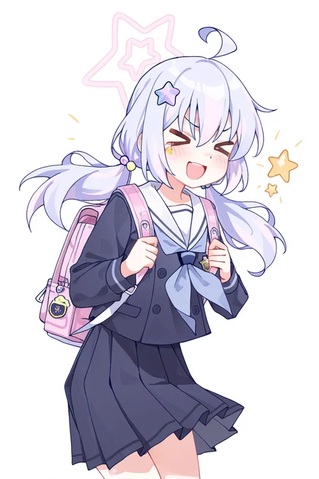 masterpiece, best quality, amazing quality,
 <lora:Lango_IL:1> lango, 1girl, solo, twintails, hair ornament, school uniform, skirt, low twintails, halo, neckerchief, star (symbol), > <, backpack, ahoge, smile, bag, pleated skirt, white sailor collar