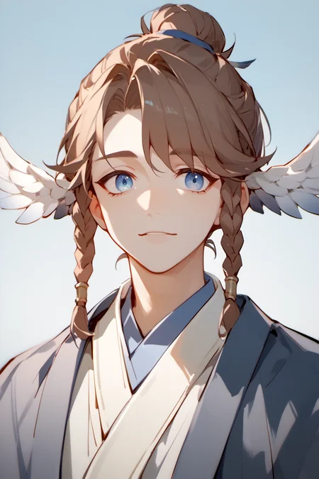 score_9, score_8_up, score_7_up, 1boy, solo, upper body
<lora:HeadWingsPony:1> feathered head wings, multicolored head wings, head wings on sides
<lora:HuJiaPonyV2:0.8> hujia, single hair bun, twin braids, brown hair, blue eyes, swept bangs