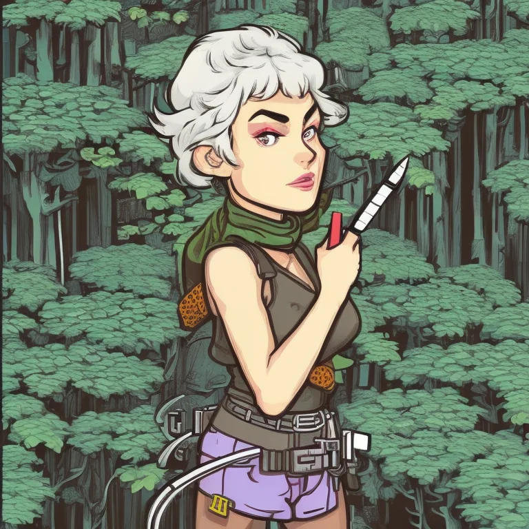 Maximalist two blonde pirate asian girl with big lips, short hair, in the woods,birds eye view,illustrated by herg,style of tin tin comics,pen and ink, pixel art, pixel perfect