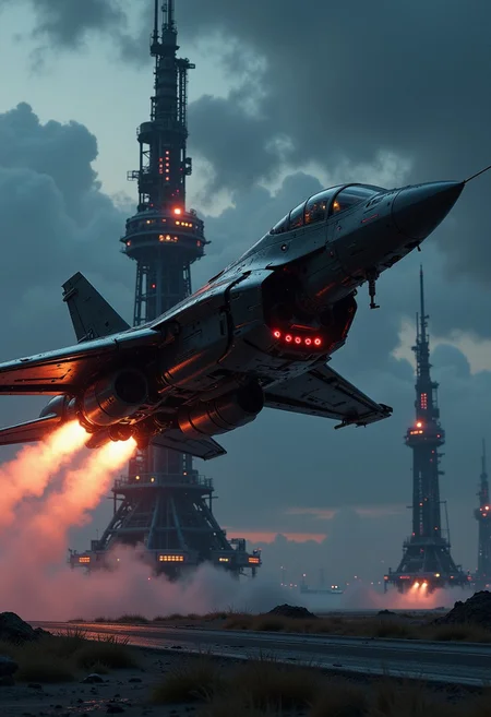 in the style of ck-mgs, A digital artwork in the style of cknc, a_skynet_cyberdyne_craft, the image is featuring a futuristic, highly advanced stealth fighter taking off from a military airbase at night, with thrusters firing. The fuselage is made of a gleaming dark gunmetal alloy and the cockpit shows glowing led lights, and has a large air intake. The airbase has defensive towers with black and gunmetal grey alloy surfaces with high-end circuitry, red glowing diodes and lights