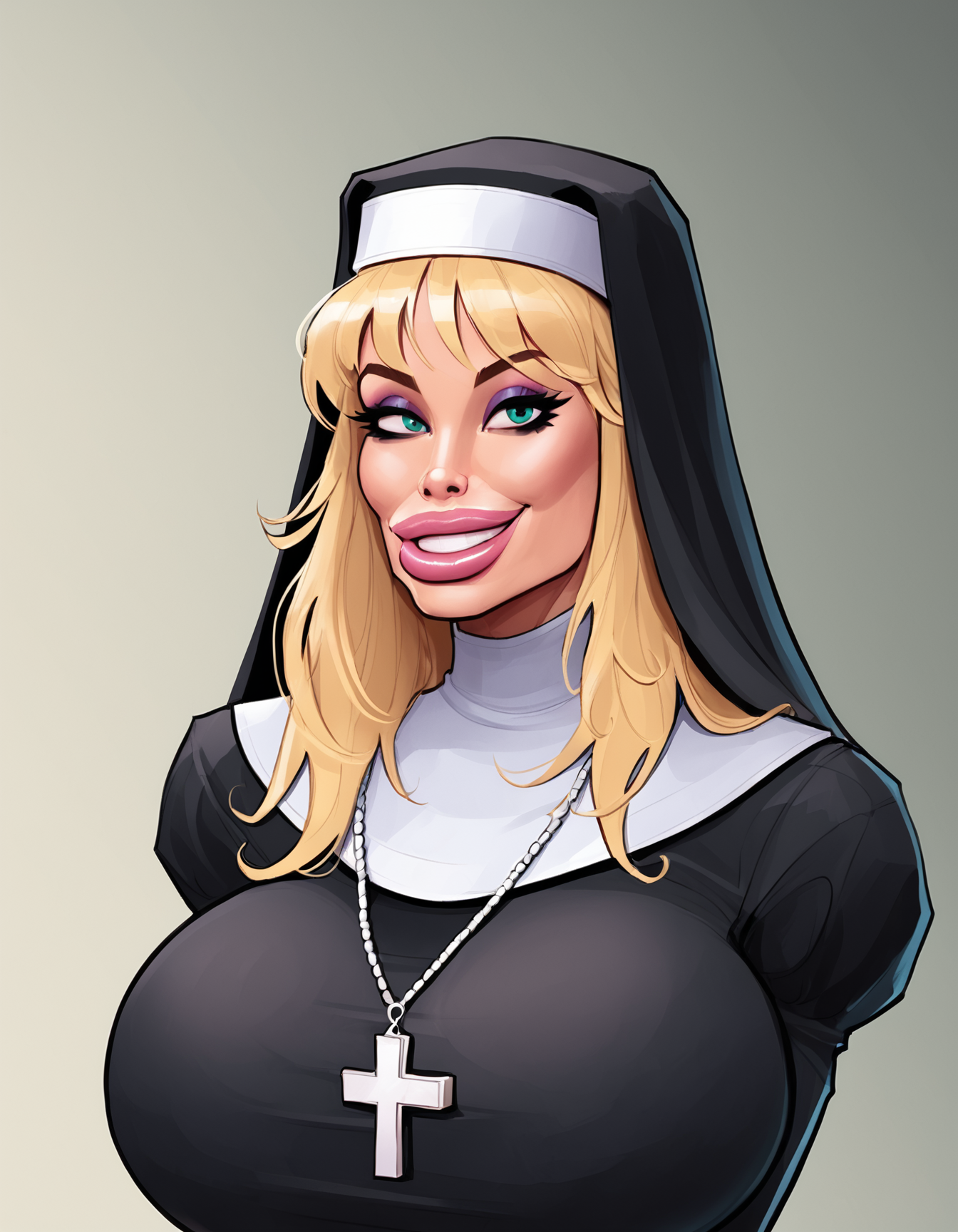 1girl, standing portrait, nun woman, smile, grin, cute, cross necklace, (big lips, bimbo, makeup:.9), (blonde hair:.8), score_9, score_8, score_7, sxy5tyle, (highres, detailed:.9)<lora:temogam:.9>