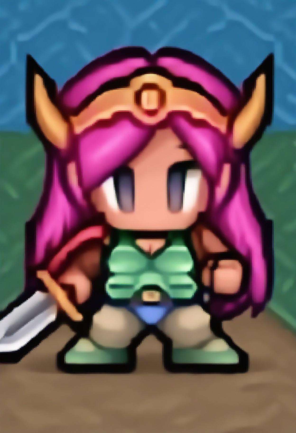 <lora:Female Soldier_IL1.2:1>
Female Soldier, ios_style, 1girl, solo, pink long hair, Horned Circlet, pointy ears, | |, no mouth, Red shoulder armor, blue leotard, green boots, belt, orange Wristbands, Green Breastplate, cleavage,
holding sword
BREAK outdoors, grasses land, day,