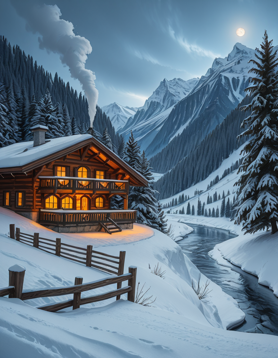 A stunning winter scene in the Tyrol region of Austria. A charming wooden chalet with traditional alpine architecture stands on a gentle snow-covered slope, surrounded by dense evergreen forests blanketed in fresh snow. The chaletâs warm interior lights glow softly through its large windows, creating a cozy contrast against the cool twilight hues of the sky. A plume of smoke drifts from the chimney, hinting at a roaring fireplace inside. In the foreground, a small wooden fence is partially buried under the snow, while a frozen river winds through the valley, reflecting the moonlight. Towering, snow-capped peaks of the Austrian Alps dominate the background, adding a breathtaking sense of grandeur. Snowflakes gently fall, adding movement and depth to the peaceful, picturesque scene. The image is hyper-realistic, capturing the intricate textures of the wood, snow, and ice, with cinematic lighting that highlights the magical winter ambiance.
<lora:SDXLFaeTastic2400:0.4> <lora:extremely_detailed:0.4> extremely detailed,winter scene in the Tyr0l, <lora:winter_scene_in_the_Tyr0l-i:1>, Masterpiece,best quality,hi res,8k,hi res,8k,award winning,(sharp focus, intricate, highly detailed),