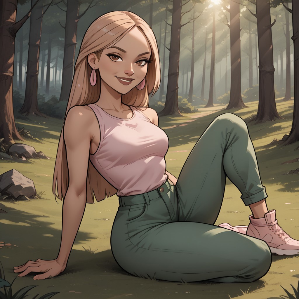 score_9, score_8, BREAK, solo, dark blonde hair, brown eyes, brown lips, lipstick, light pink sleeveless shirt, green pants, light pink footwear, earrings, dark skin, total drama, Nichelle_(Total_Drama), breasts, sexy pose, smile, outdoors, sunlight, shadows, evening lighting, natural lighting, forest, trees, grass, orange sky, sunset