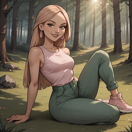score_9, score_8, BREAK, solo, dark blonde hair, brown eyes, brown lips, lipstick, light pink sleeveless shirt, green pants, light pink footwear, earrings, dark skin, total drama, Nichelle_(Total_Drama), breasts, sexy pose, smile, outdoors, sunlight, shadows, evening lighting, natural lighting, forest, trees, grass, orange sky, sunset