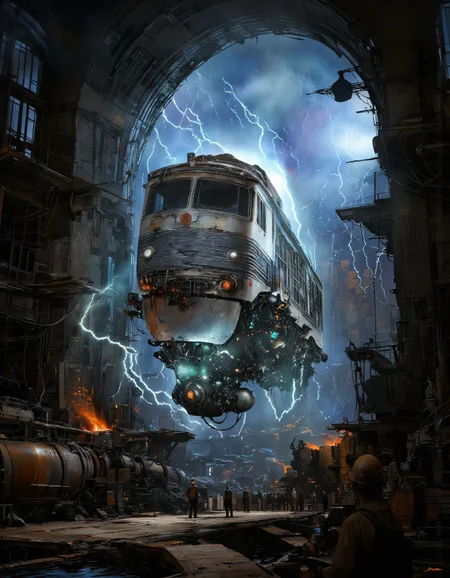 Art by Alejandro Burdisio. A digital illustration shoot from below about a futuristic, sci-fi scene featuring a large, metallic, futuristic train suspended in mid-air amidst a dramatic, electrifying environment. the scene is set in a dimly lit industrial environment with large, arched windows, and machinery visible in the background. the train is suspended in the air, with glowing blue and green lights emanating from it, creating a sense of movement and energy. on the left side of the image, a man stands on a platform, looking up at the train, while on the right side, a group of people stand nearby, observing the scene. the man in the foreground is wearing a hard hat and overalls, and appears to be in a state of contemplation, as if he is lost in thought. the background is filled with a mix of blue and purple hues, with lightning striking down from the sky, adding to the sense of chaos and destruction. the overall atmosphere is one of a post-apocalyptic world, with a focus on technology and science fiction.